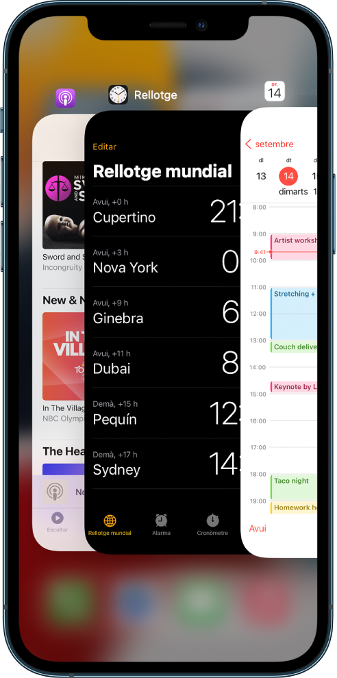 El selector d’apps. Les icones de les apps obertes són a la part superior, i la pantalla actual de cada app és a sota de la icona corresponent.