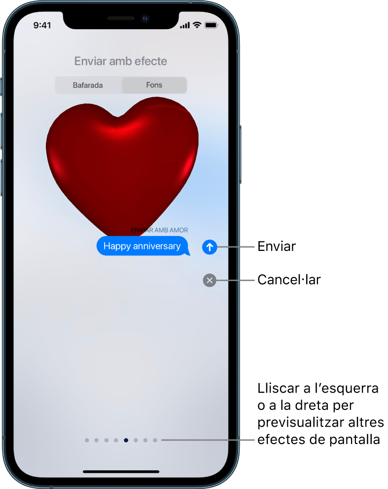 Previsualització d’un missatge on es mostra un efecte de pantalla completa amb un cor vermell.