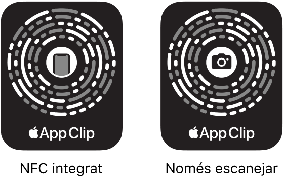 A l’esquerra hi ha un codi de clip d’app integrat en una etiqueta NFC amb la icona de l’iPhone al centre. A la dreta hi ha un codi d’app clip que només es pot escanejar, amb la icona d’una càmera al centre.