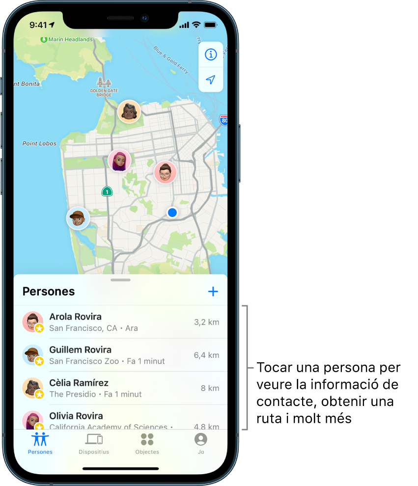 Pantalla de l’app Buscar oberta per la llista Persones. A la llista hi ha quatre persones: Anna Rius, Guillem Rius, David Rovira i Olívia Rius. Es mostren les seves ubicacions al mapa de San Francisco.