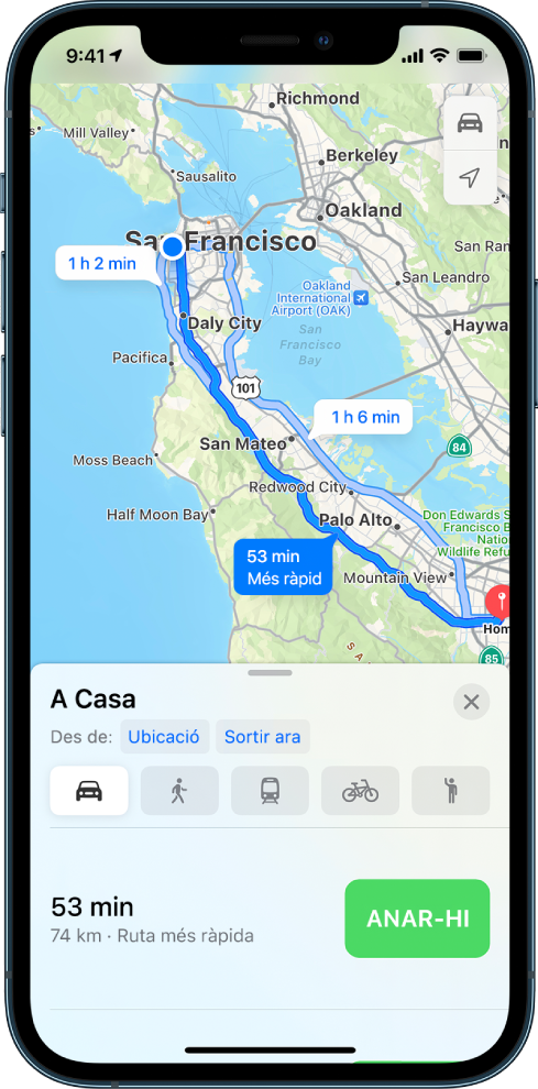 Mapa d’una ruta en cotxe amb el botó Anar-hi a la part inferior dreta.