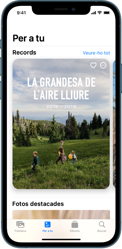Pantalla “Per a tu” amb un record. A l’angle superior dret de la pantalla hi ha el botó “Veure-ho tot”, que et mostra tots els teus records.