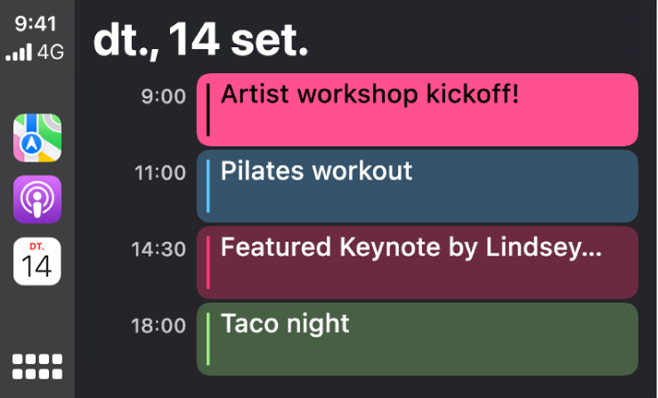Pantalla d’un calendari al CarPlay que mostra 4 esdeveniments per al dimarts, 15 de setembre.