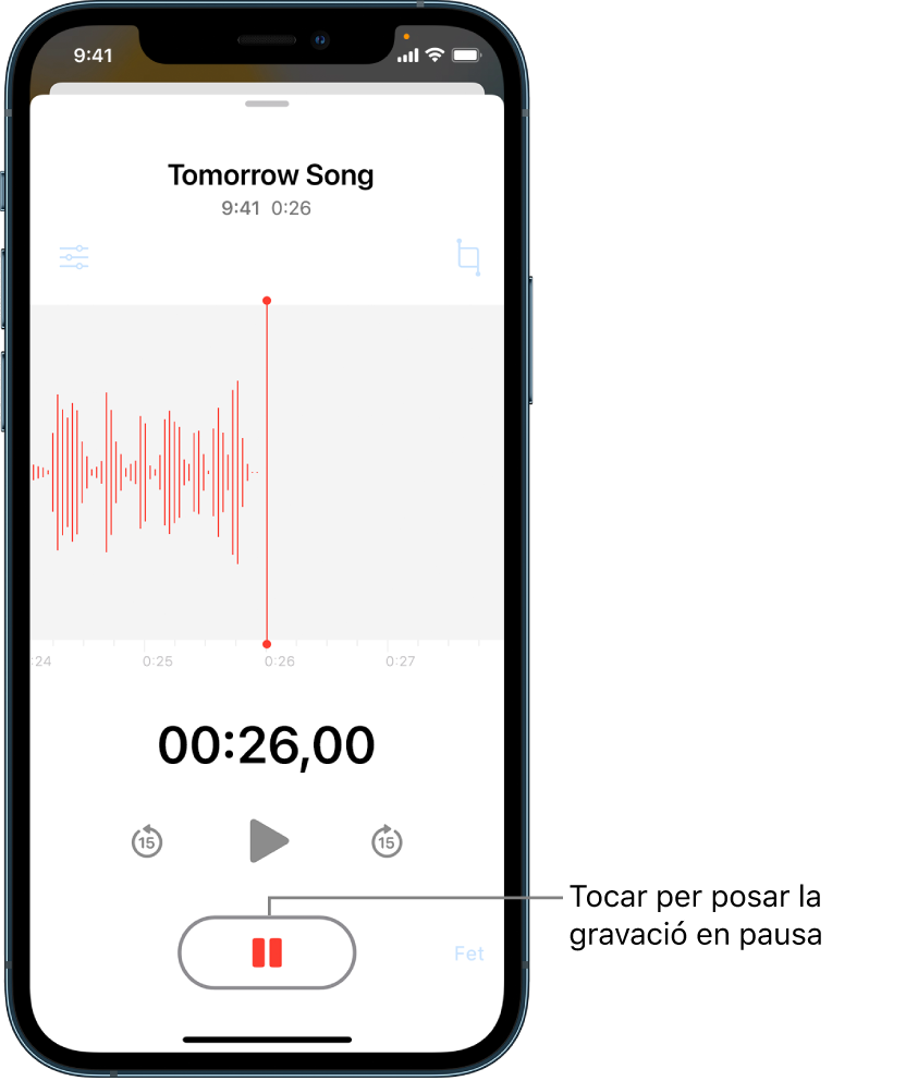 Una gravació en curs de l’app Notes de Veu, amb el botó de Pausa actiu i els controls per reproduir, avançar 15 segons i retrocedir 15 segons atenuats. La part principal de la pantalla mostra la forma d’ona de la gravació que està en curs, juntament amb un indicador del temps. L’indicador taronja de “Micròfon en ús” apareix a l’angle superior dret.
