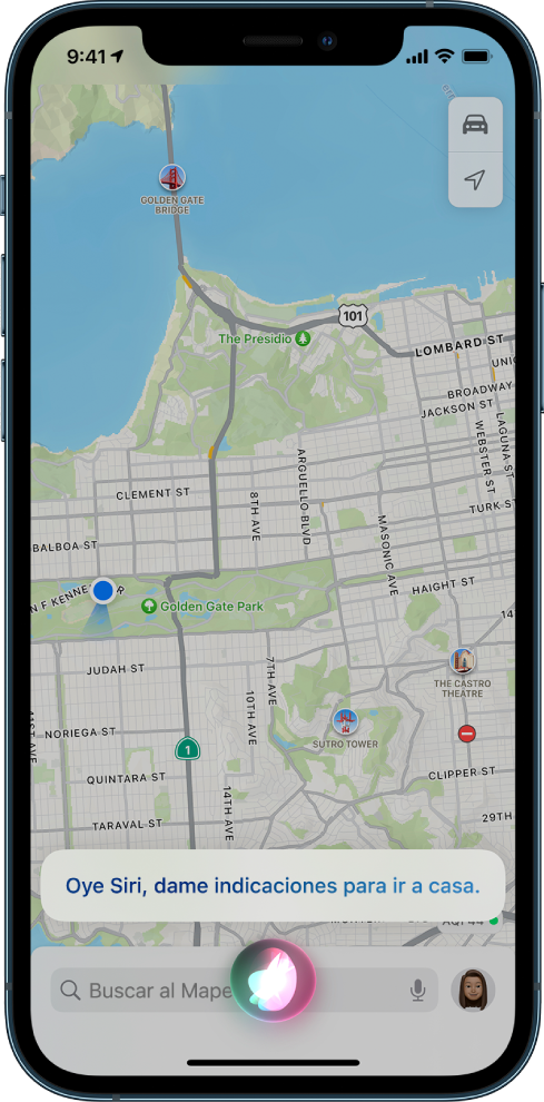 Mapa on es mostra la resposta de Siri “Obtenint la ruta per anar a casa” a la part inferior de la pantalla.