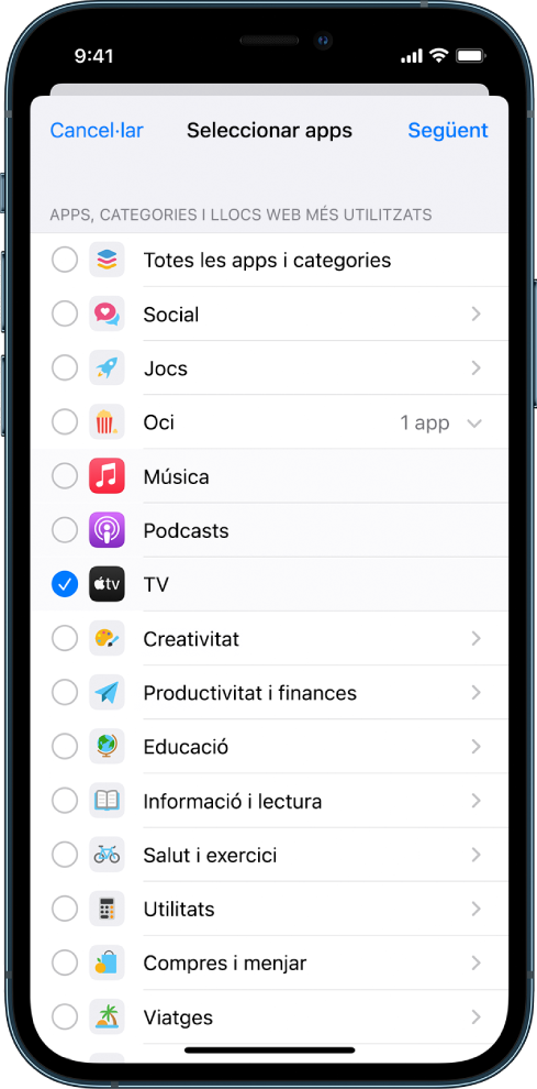 Pantalla “Seleccionar apps” a l’app Configuració > Temps d’ús. La pantalla està plena de les apps, les categories i els llocs web que més fas servir i que pots seleccionar. Hi ha el botó Cancel·lar a l’angle superior esquerre i el botó Següent a l’angle superior dret.