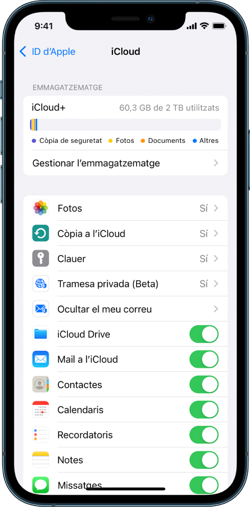 Pantalla de configuració de l’iCloud amb l’indicador d’emmagatzematge a l’iCloud i una llista d’apps i funcions, inclosos el Mail, l’app Contactes i l’app Missatges, que es poden utilitzar amb l’iCloud.