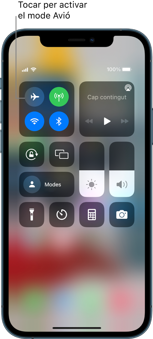 Pantalla del centre de control que mostra que en tocar el botó de l’angle superior esquerre s’activa el mode Avió.