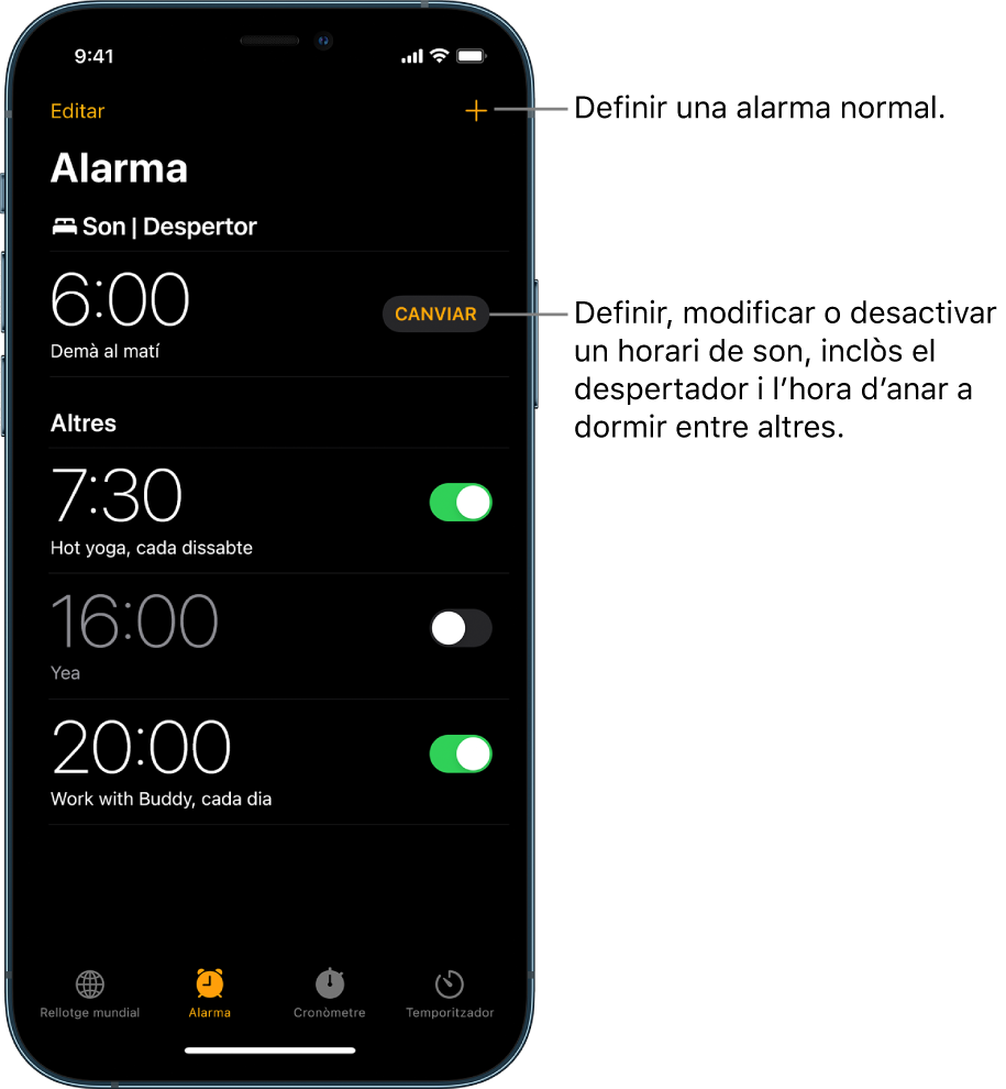 Pestanya Alarma que mostra quatre alarmes configurades per a hores diferents, el botó per configurar una alarma periòdica a la part superior dreta, i el despertador amb un botó per canviar l’horari de son a l’app Salut.