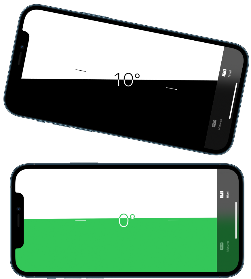Pantalla de l’anivellador. A la part superior, l’iPhone està inclinat a un angle de deu graus; a la part inferior, l’iPhone està anivellat.