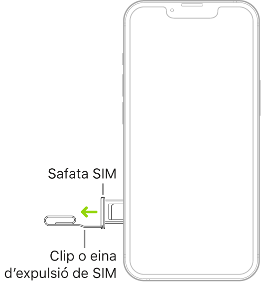 S’introdueix un clip de paper o l’eina d’expulsió de la SIM al petit orifici de la safata que hi ha al costat esquerre de l’iPhone per expulsar-la i extreure-la.