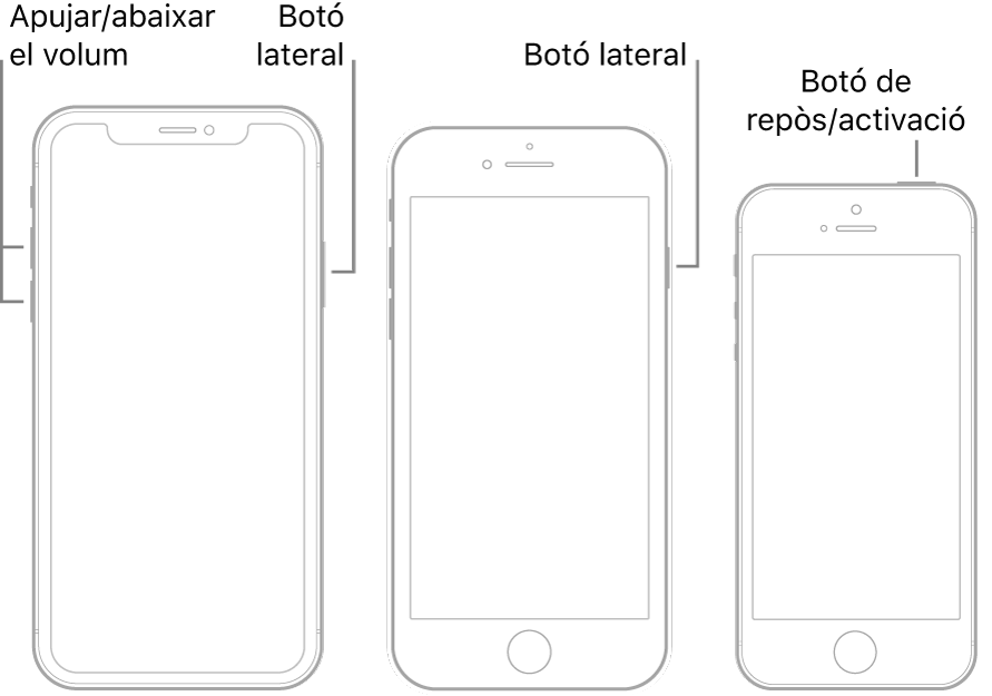 Il·lustracions de tres models d’iPhone diferents, tots amb la pantalla de cara cap amunt. La il·lustració de l’esquerra mostra els botons d’apujar i abaixar el volum a l’esquerra del dispositiu. El botó lateral es troba a la dreta. La il·lustració del mig mostra el botó lateral a la dreta del dispositiu. La il·lustració de la dreta mostra el botó de repòs/activació a la part superior del dispositiu.