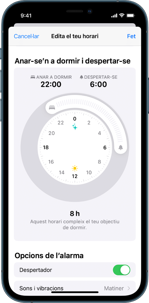 Pantalla que mostra l’hora d’anar a dormir definida a les 22:00 h d’avui i l’hora de despertar-se definida a les 6:00 h de demà. L’alarma del despertador està activada, i el so de l’alarma és Matiner.