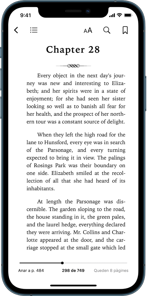 Pàgina d’un llibre obert a l’app Llibres amb els botons a la part superior de la pantalla, d’esquerra a dreta, per tancar un llibre, veure la taula de continguts, canviar el text, fer cerques i afegir un marcador. A la part inferior de la pantalla hi ha un regulador.