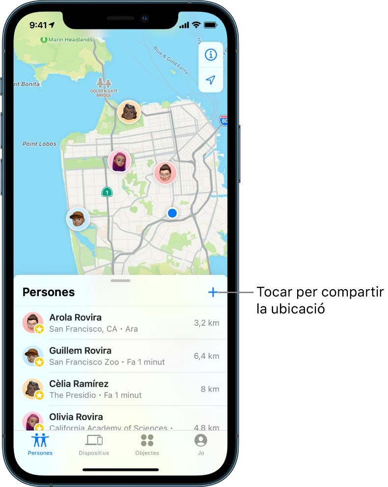 Pantalla de l’app Buscar oberta per la llista Persones. A la llista hi ha quatre persones: Anna Rius, Guillem Rius, David Rovira i Olívia Rius. Toca el botó Afegir a la part superior de la llista Persones per compartir la teva ubicació.
