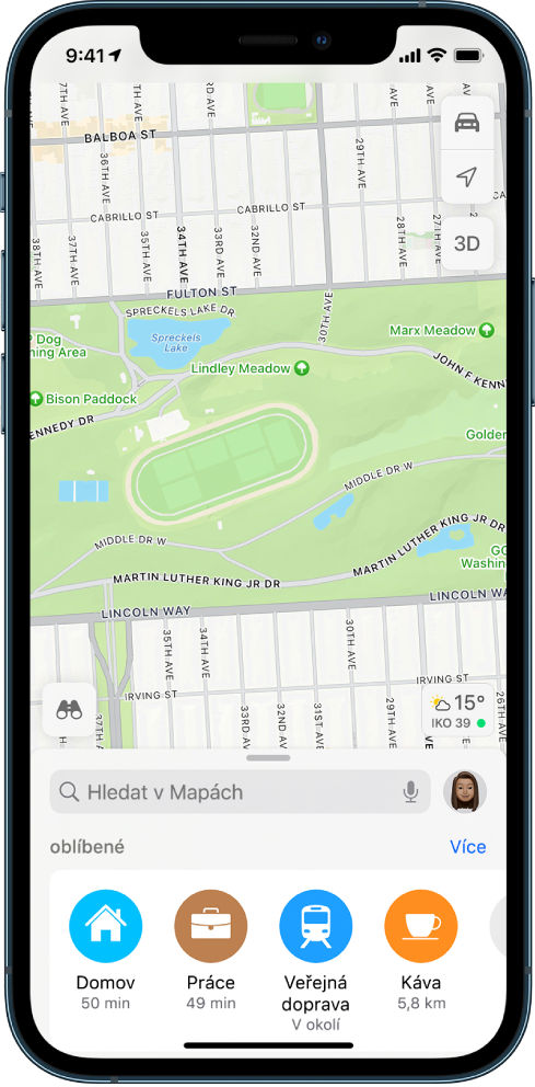 Mapa parku se čtyřmi oblíbenými místy v dolní části obrazovky: Domov, Práce, Doprava a Kavárna