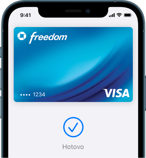 Kreditní karta na obrazovce aplikace Peněženka. Pod kartou je vidět značka zaškrtnutí a slovo „Hotovo“