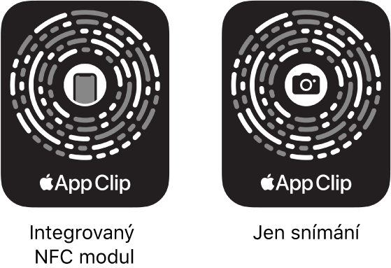 Vlevo kód klipu aplikace s integrovaným NFC tagem, který je uprostřed označený ikonou iPhonu. Vpravo kód klipu aplikace určený jen k optickému snímání, který je uprostřed označený ikonou fotoaparátu.