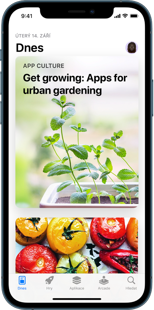 Obrazovka Dnes v App Storu s doporučeným článkem a aplikací. Vpravo nahoře je vidět váš profilový obrázek. U dolního okraje se zleva doprava nacházejí tlačítka Dnes, Hry, Aplikace, Arcade a Hledat.
