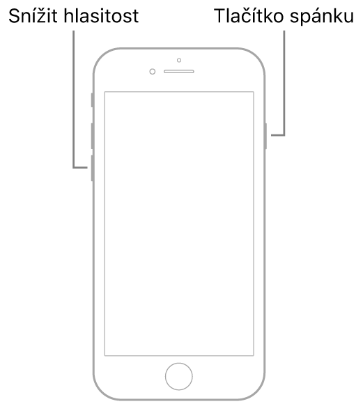 Obrázek iPhonu 7 ležícího displejem vzhůru. Na levé straně zařízení je vidět tlačítko snížení hlasitosti a na pravé straně tlačítko spánku.