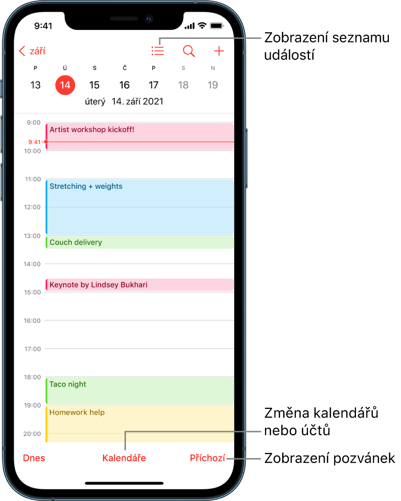 Kalendář v zobrazení dne s denními událostmi. Po klepnutí na tlačítko Kalendáře v dolní části obrazovky můžete změnit kalendářové účty. Tlačítkem Příchozí vpravo dole zobrazíte pozvánky.