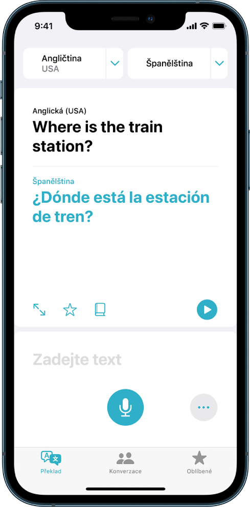 Panel Překlad se dvěma voliči jazyků u horního okraje, na kterých je vybraná angličtina a španělština, s přeloženým textem uprostřed a polem pro zadávání textu v dolní části.