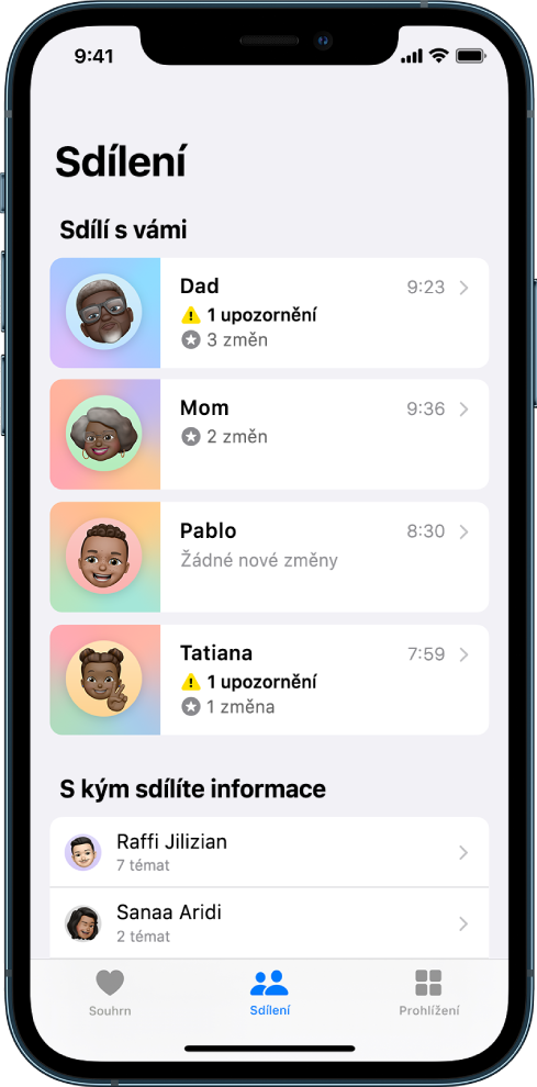 Obrazovka Sdílení v aplikaci Zdraví. Uprostřed obrazovky se nahoře zobrazuje seznam kontaktů „Sdílí s vámi“ s informacemi jako Upozornění, Změny a Žádné nové změny. Na něj níže navazuje seznam kontaktů „S kým sdílíte informace“. Pod každým kontaktem je uveden počet témat, která s vámi tento kontakt sdílí. U dolního okraje obrazovky jsou zleva doprava následující tlačítka: Souhrn, Sdílení a Prohlížení. Tlačítko Sdílení je vybrané.