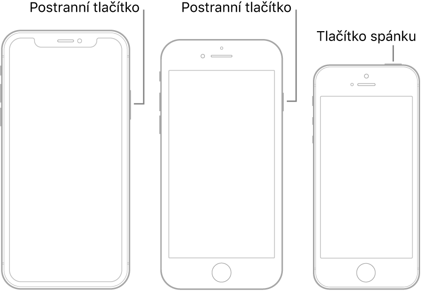 Postranní tlačítko nebo tlačítko spánku na třech různých modelech iPhonu