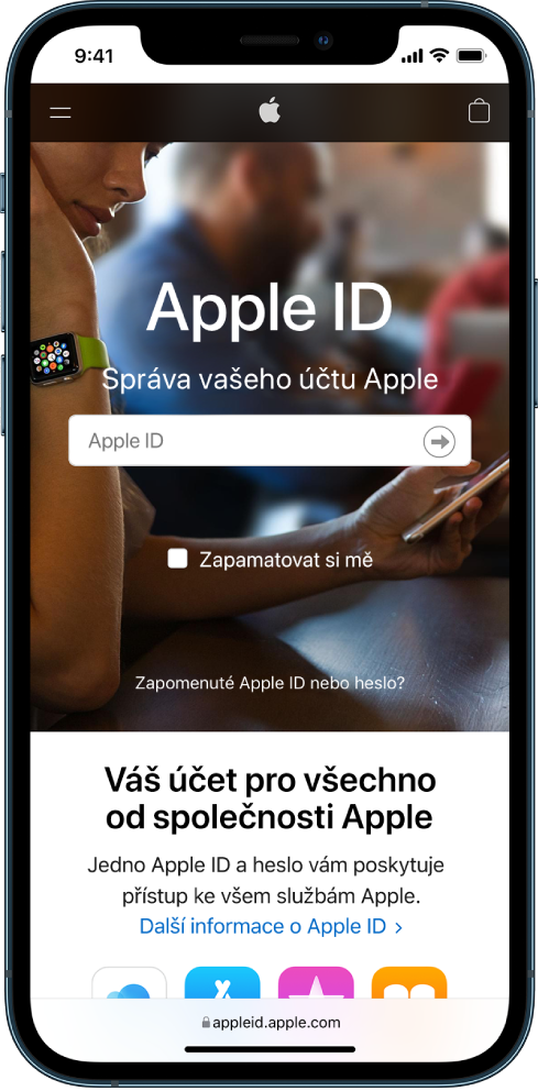 Obrazovka aplikace Safari pro přihlášení k účtu Apple ID