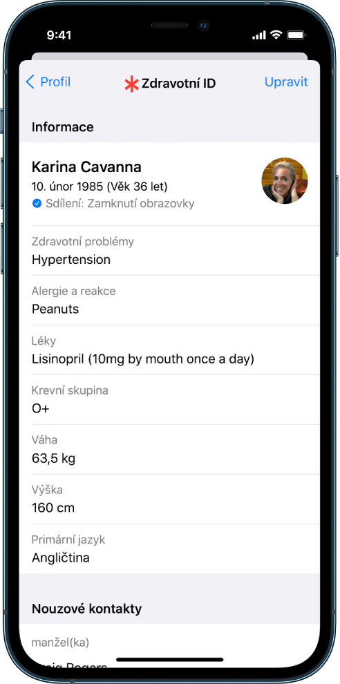 Obrazovka Zdravotní ID se základními informacemi o datu narození, zdravotním stavu, užívaných lécích a nouzovém kontaktu
