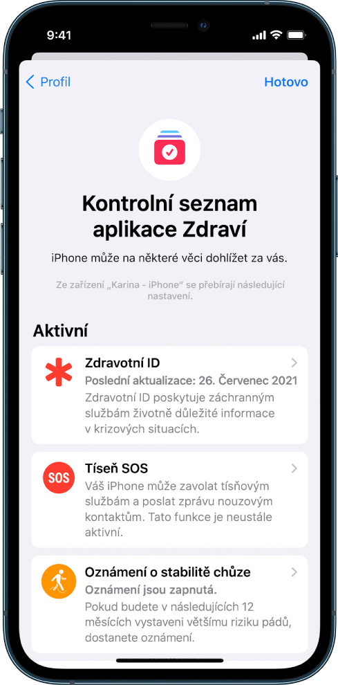 Obrazovka Kontrolní seznam aplikace Zdraví, na které je vidět aktivované volby Zdravotní ID a Tíseň SOS