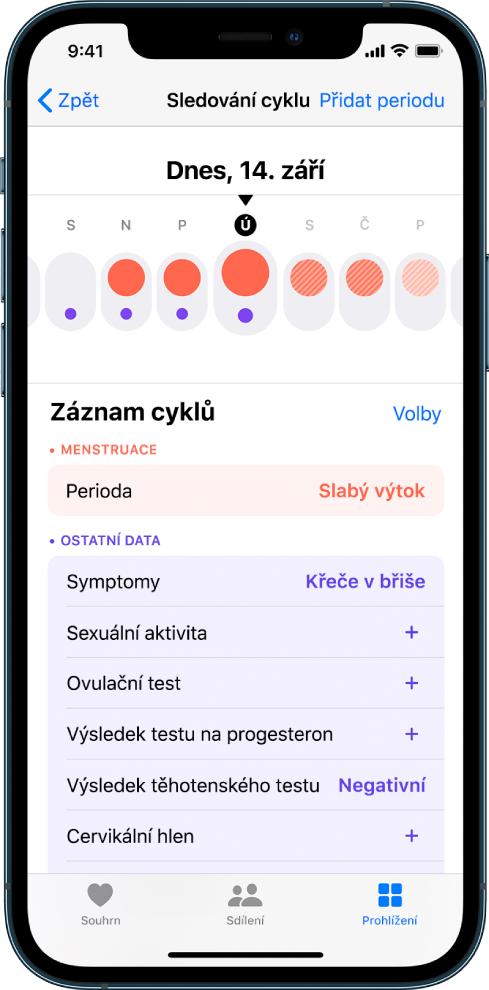 Obrazovka Sledování cyklu v aplikaci Zdraví