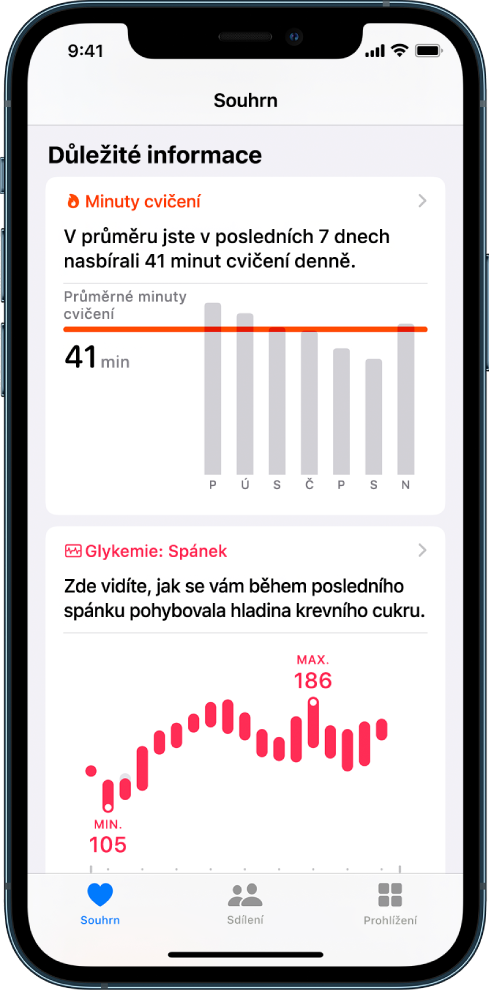 Obrazovka Souhrn s významnými údaji – minutami cvičení a hladinou krevního cukru ve spánku.