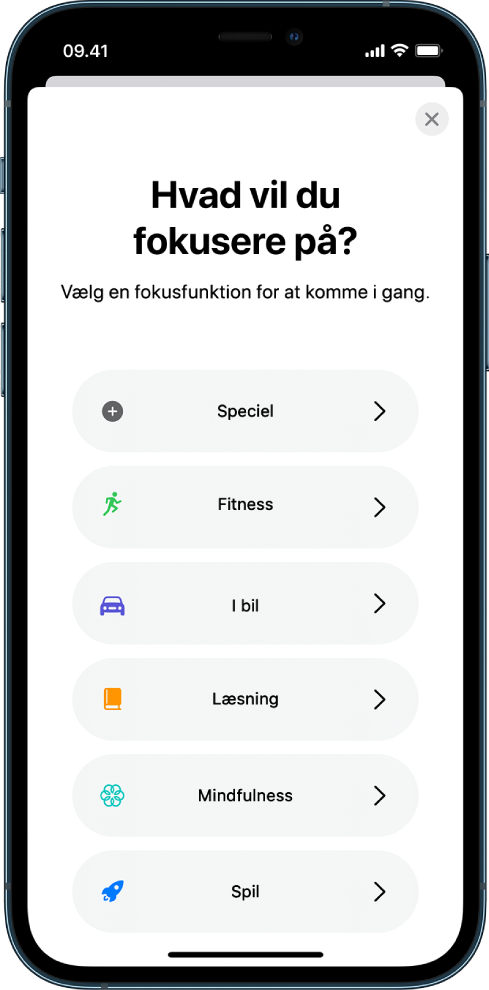 En indstillingsskærm i Fokus med en af de ekstra indbyggede fokusfunktioner, herunder Speciel, I bil, Motionerer, Spil, Mindfulness og Læsning.