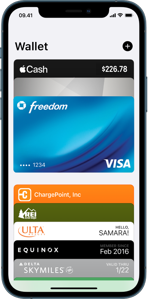 Skærmen Wallet, der viser flere betalingskort og adgangskort.