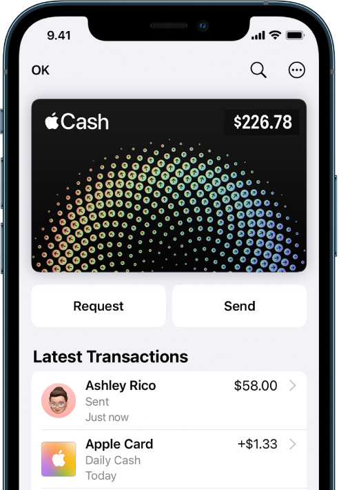 Apple Cash-kortet i Wallet med knappen Mere øverst til højre, knapperne Anmod og Send i midten og de seneste transaktioner under kortet.