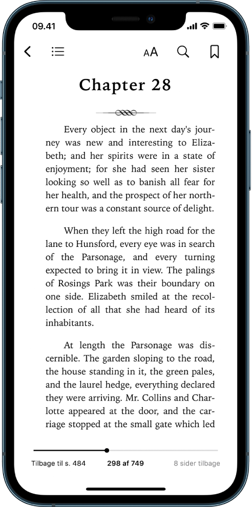 En side i en bog, der er åben i appen Bøger, med knapper øverst på skærmen, som fra venstre mod højre bruges til at lukke bogen, se indholdsfortegnelsen, ændre teksten, søge og oprette bogmærker. Der findes et mærke nederst på skærmen.