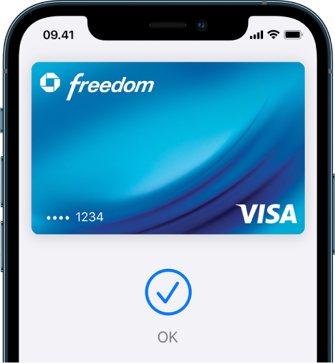 Et kreditkort på skærmen Wallet. Under kortet ses et hak og ordet “OK”.