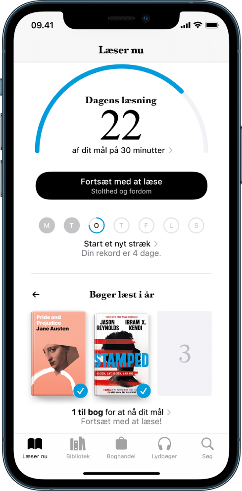 Afsnittet Læsemål under Læser nu. Læsetælleren viser, at du har nået 10 minutter af et mål på 20 minutter. Under tælleren findes knappen Læs videre, og cirkler, der viser ugens dage fra søndag til lørdag. Der er et blåt omrids om den cirkel, der viser status for dagens læsning. Nederst på siden findes omslagene til Bøger læst i år.