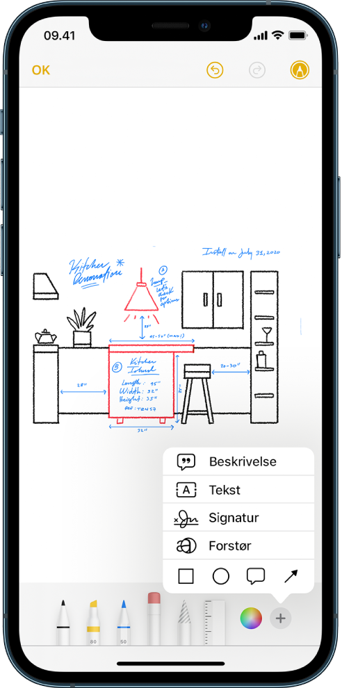 Et diagram over en køkkenombygning er markeret i appen Noter. Værktøjslinjen til markering med tegneværktøjer og farvevælgeren vises nederst på skærmen. I nederste højre hjørne vises en menu med muligheder for at tilføje tekst, en beskrivelse, en signatur, et forstørrelsesglas og figurer.