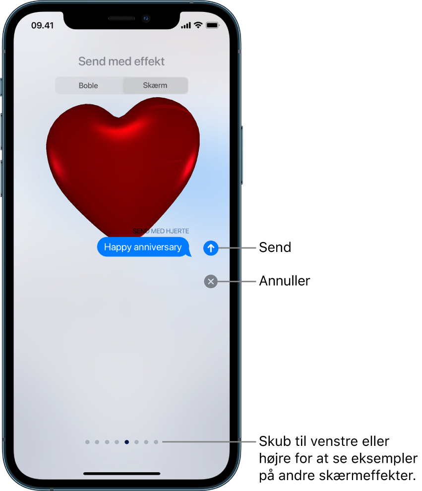 Et eksempel på en besked med en effekt på fuld skærm med et rødt hjerte.