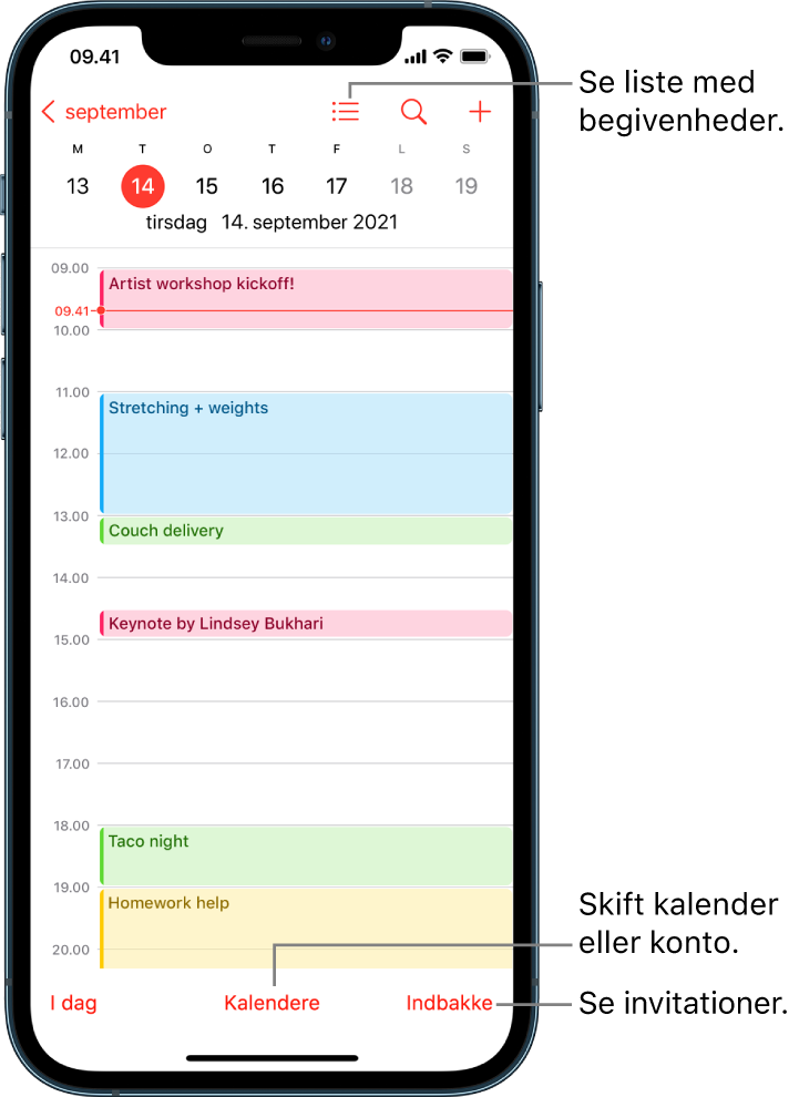 En kalender i dagsoversigt med dagens begivenheder. Med knappen Kalendere nederst på skærmen kan du ændre kalenderkonti. Med knappen Indbakke nederst til højre kan du se invitationer.