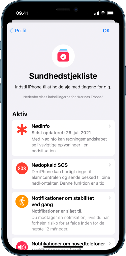 Skærmen Sundhedstjekliste, der viser at Nødinfo og Nødopkald SOS er aktive.