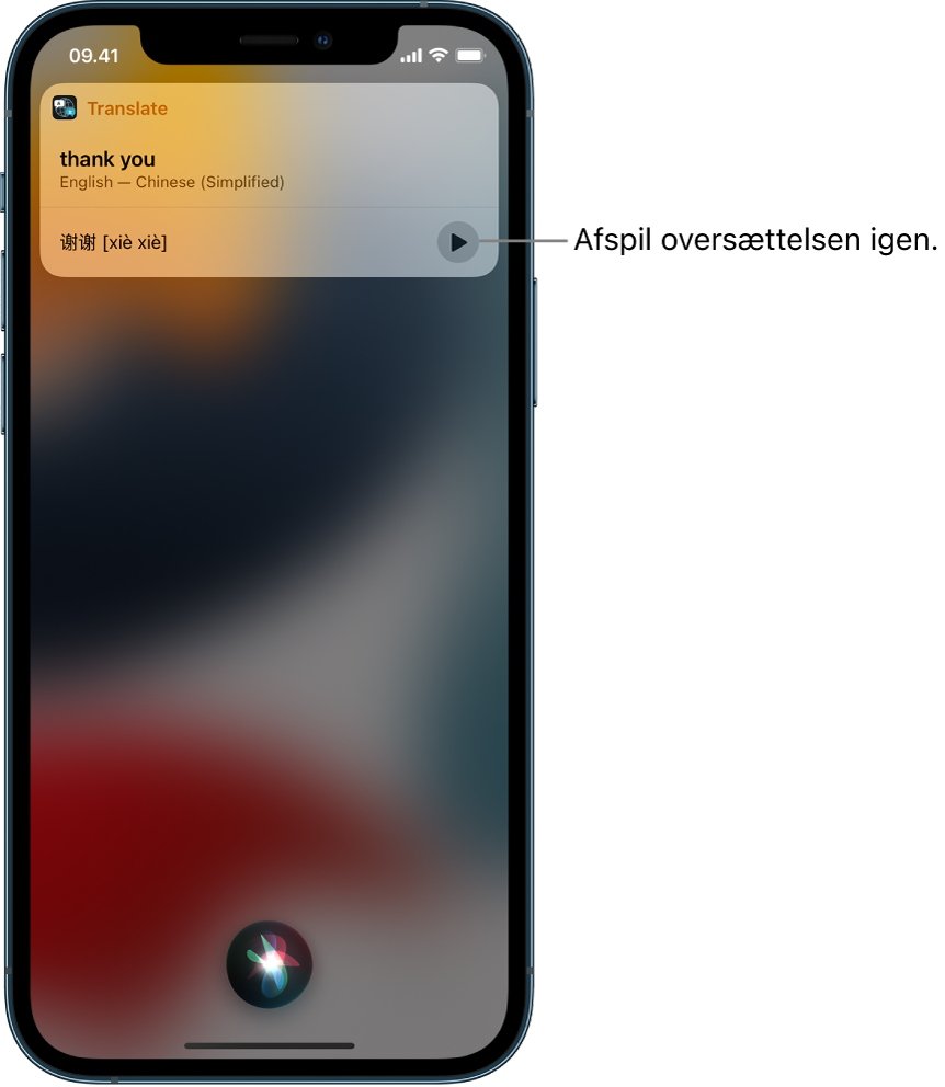 Siri viser en oversættelse af "tak" på mandarin. En knap til højre afspiller lyden af oversættelsen igen.