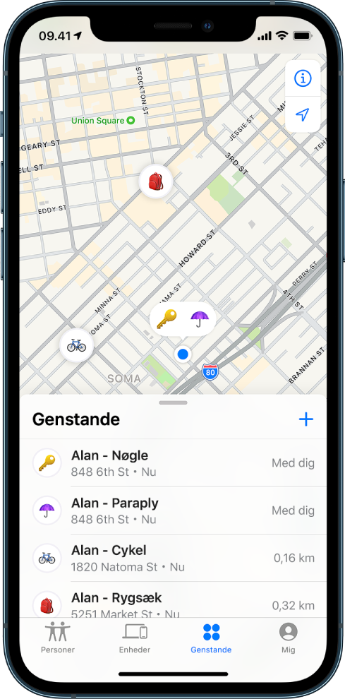 Skærmen Find med listen Genstande åben. Der er fire genstande på listen: Alans nøgler, Alans paraply, Alans cykel og Alans rygsæk. Deres lokalitet vises på et kort over San Francisco.