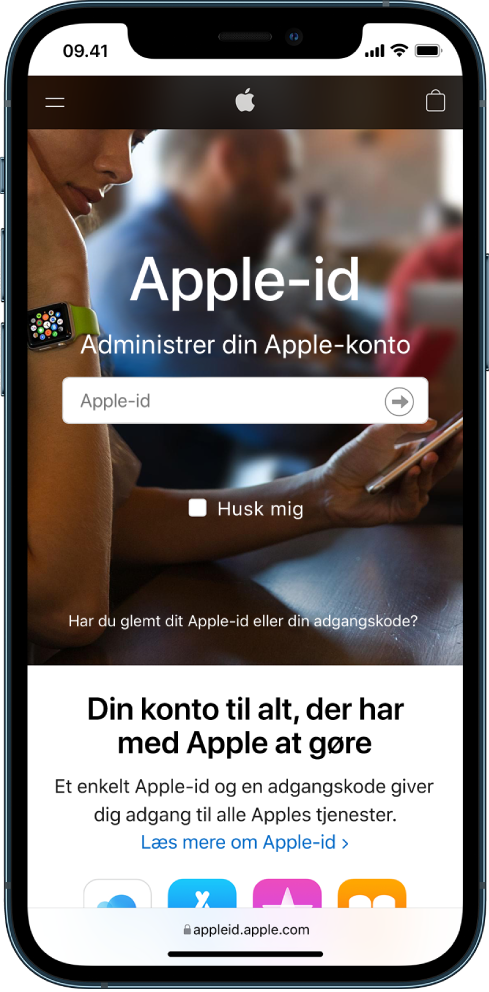 Safari-skærmen, hvor du logger ind på din Apple-id-konto.