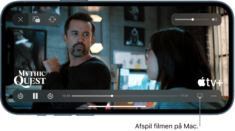 En film, der afspilles på skærmen på iPhone. Nederst på skærmen findes betjeningspanelet til afspilning, herunder knappen AirPlay nederst til højre.