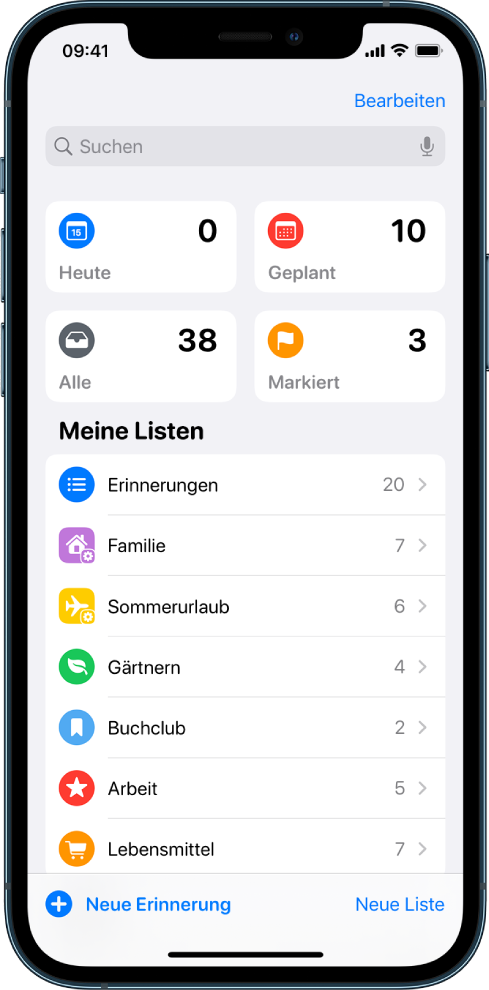Ein Bildschirm der App „Erinnerungen“ mit verschiedenen Listen. Über „Intelligente Listen“ für heute fällige, geplante, alle und markierte Erinnerungen wird das Suchfeld angezeigt. Die Taste „Neue Liste“ befindet sich unten rechts.