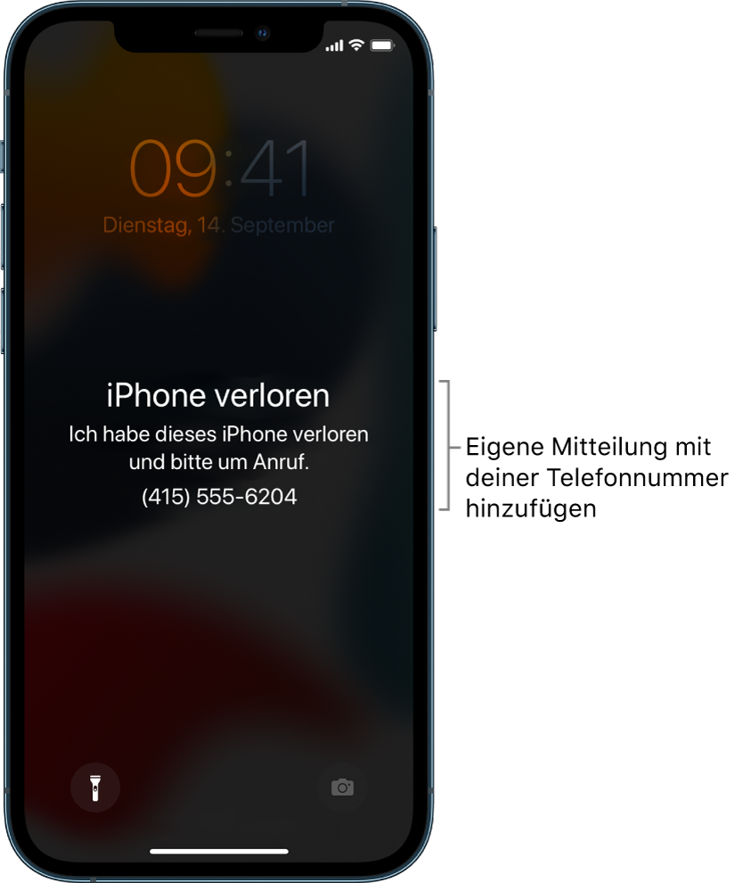 Ein iPhone-Sperrbildschirm mit der Nachricht: „iPhone verloren“. Ich habe dieses iPhone verloren und bitte um Anruf. (415) 555-6204.“ Du kannst eine eigene Nachricht mit deiner Telefonnummer hinzufügen.