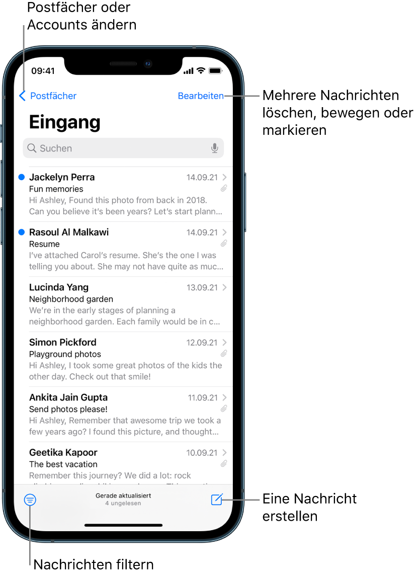 Im Posteingang ist eine Liste von E-Mails zu sehen. Die Taste „Postfächer“ zum Wechseln zu einem anderen Postfach befindet sich links oben. Die Taste „Bearbeiten“ zum Löschen, Verschieben oder Markieren von E-Mails ist rechts oben. Die Taste zum Filtern von E-Mails, sodass nur bestimmte Arten von E-Mails angezeigt werden, befindet sich links unten. Die Taste zum Verfassen einer neuen E-Mails ist rechts unten.